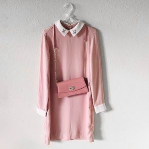 V. Beckam Pink Long-Sleeve Collared Shift Dress